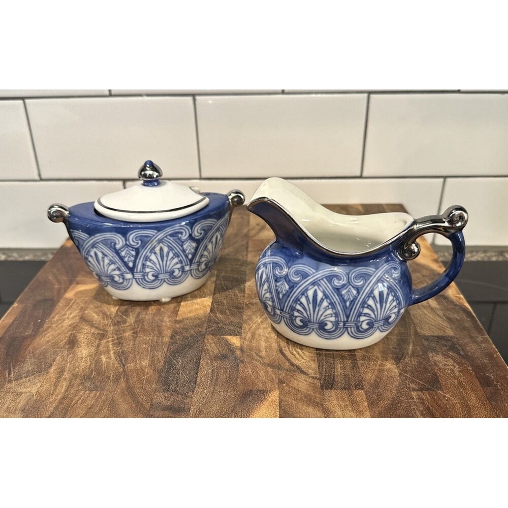 Vintage Bombay Co Arabesque Tile Blue White Porcelain Sugar and Creamer Set EUC